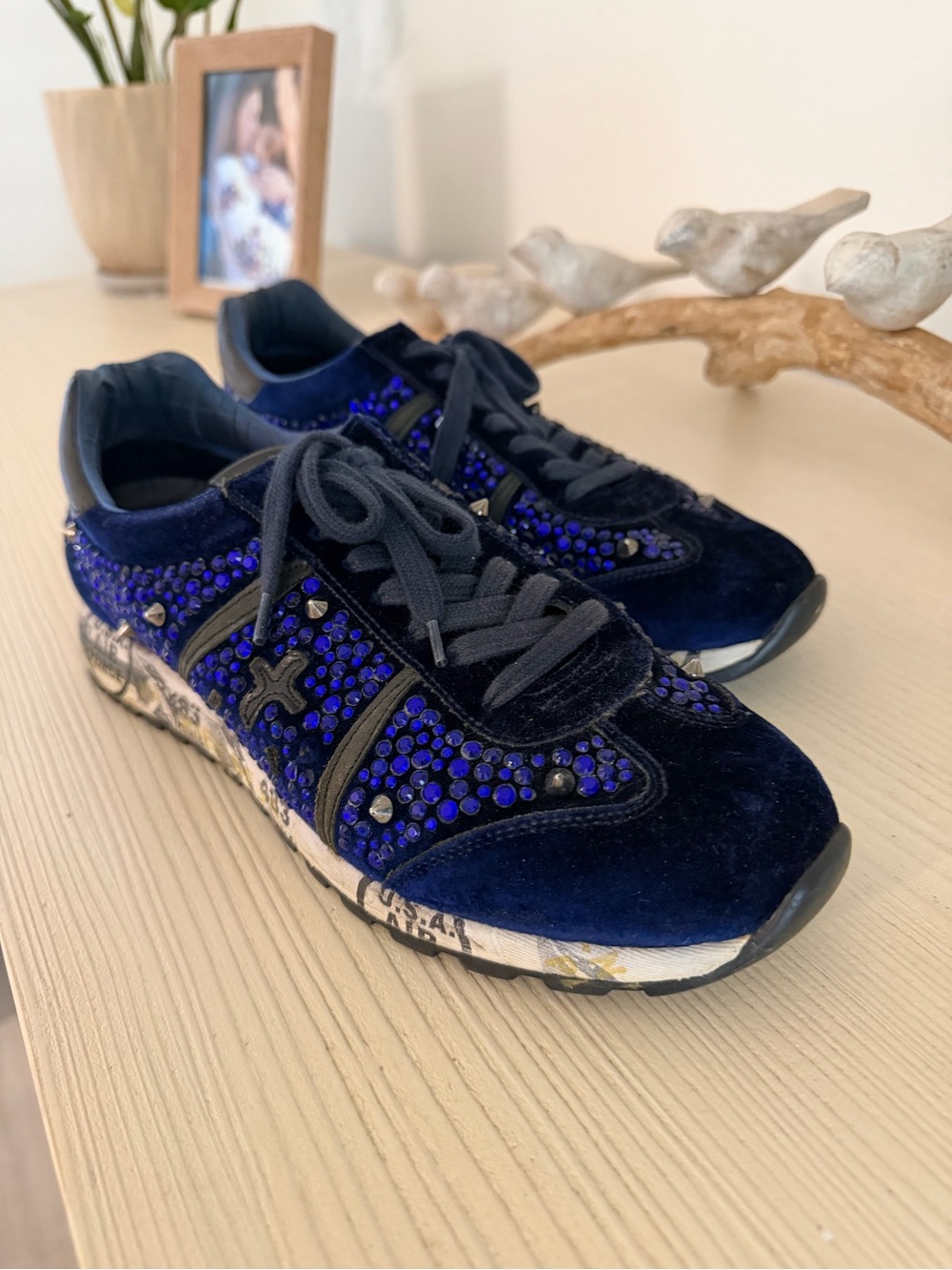 Premiata Women's Navy Blue Embellished Velvet Sneakers